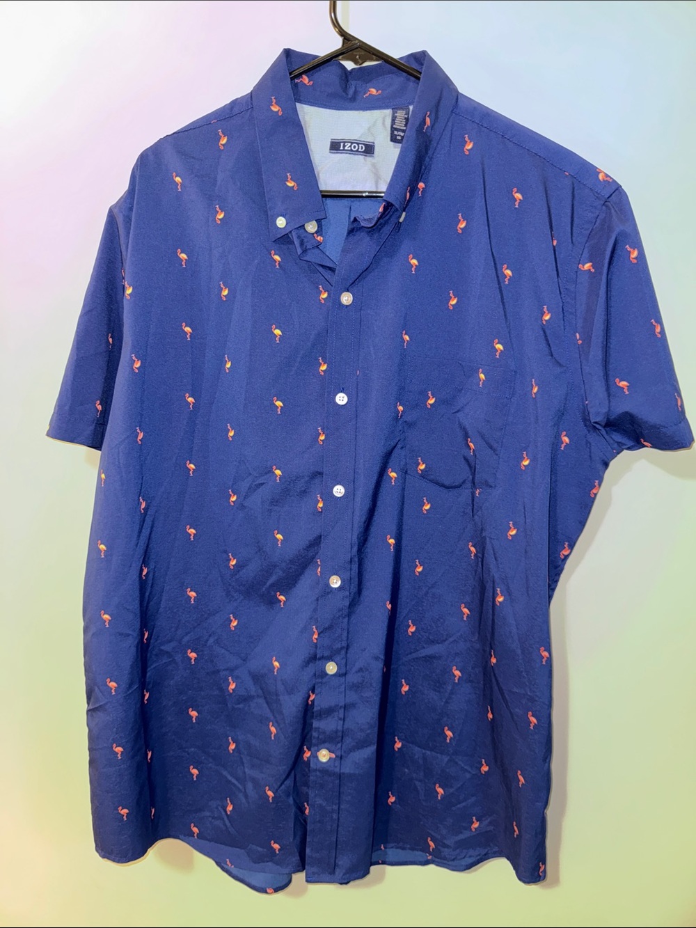 Izod Navy Short-Sleeve Button-Down Shirt with Pink Flamingo Motif